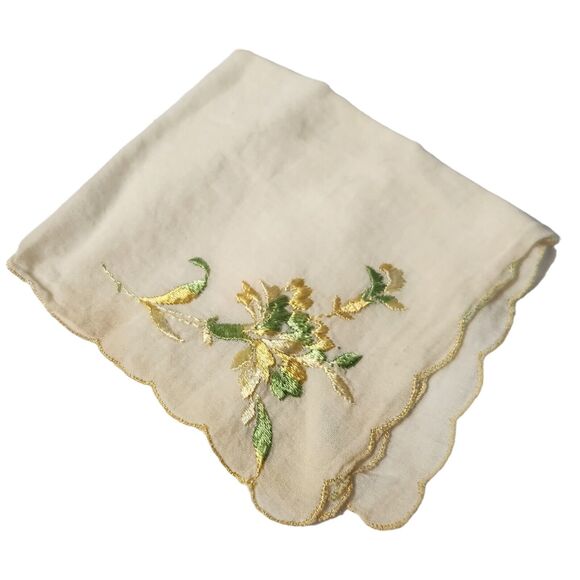 VTG HANKIE YELLOW EMBROIDERED FLOWERS COLORFUL GRAPHIC POCKET SCARF BRIDE - Picture 1 of 4